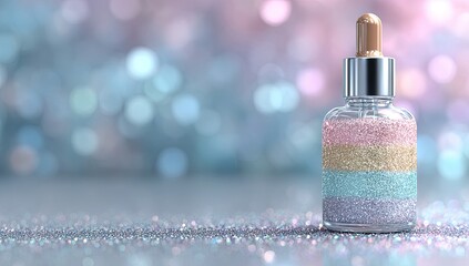 Glittery serum bottle on shimmery surface