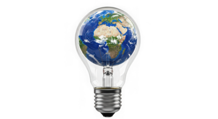 Light bulb filled with planet earth, symbolizing ideas and global concepts, isolated on white background
