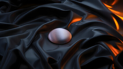 Mysterious cosmic orb resting on dark silky fabric amidst fiery nebula colors abstract