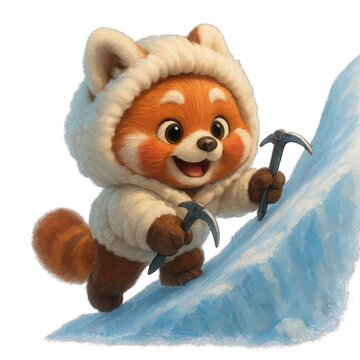 Adorable red panda cub in a fluffy white parka climbs a blue ice slope with twin ice axes, on a clean white background with copy space, concept of children's alpine adventure