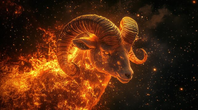 Fiery Aries Ram in the cosmos, astrological zodiac sign illustration