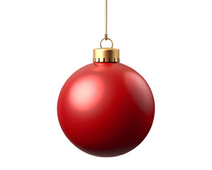 3d illustration of a single, vibrant red christmas bauble ornament with a golden cap, hanging by a thread, isolated on a transparent background