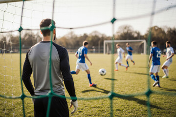Goalkeeper watching opponents from behind the net in a sunny soccer game. Players in blue and white uniforms.