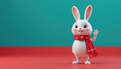 Cute White Rabbit Wearing Red Scarf Waving on Teal Background