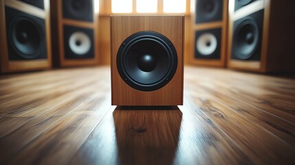 A cinematic view of a subwoofer shaking a wooden floor with visible vibrations, showcasing the impact of deep bass on the environment.