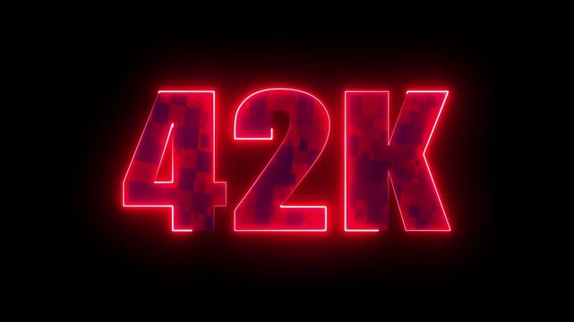 42k glowing neon red number, digital milestone typography design for online subscribers, social media growth, futuristic success and celebration concept