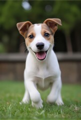 Happy Jack Russell Terrier Puppy Running on Grass