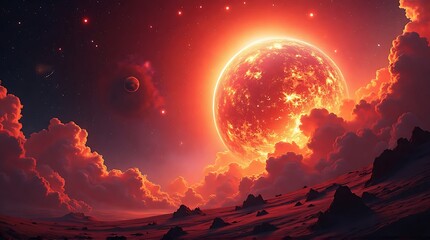 Dramatic Red Planet Illuminates an Alien Landscape with Fiery Clouds