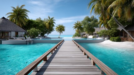 Fototapeta premium Serene Tropical Beach with Wooden Pier and Clear Blue Water Under Bright Sky