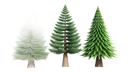3d illustration of three stylized pine trees with varying levels of detail, isolated on a transparent background