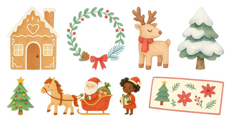 PNG Charming festive holiday illustrations, element set on transparent background