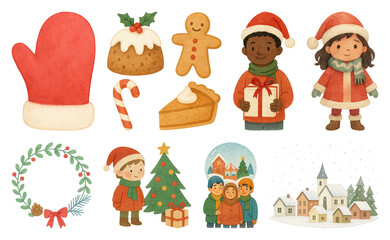 PNG Festive holiday cartoon illustrations, element set on transparent background