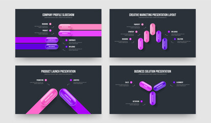 Service Visualization Four Five Two Three Element Diagram Slide Layout Vector Illustration Bundle. Professional Solution 4 5 2 3 Option Infographic Slideshow Template Set.