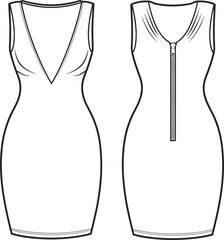Front and back view of a sleeveless plunging V-neck mini dress with front zipper vector illustration