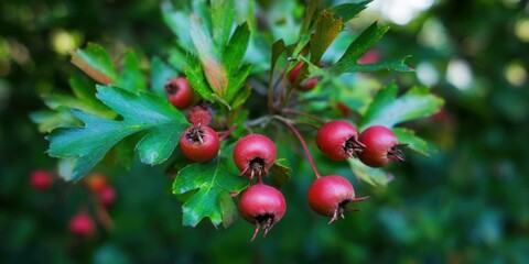 Obraz premium Vibrant red hawthorn berries ripen on a branch with green leaves, a stunning autumn scene.