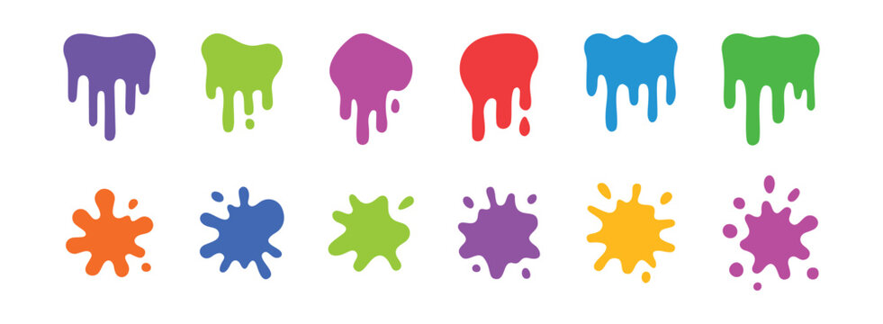 Color paint splashes. Ink splatter spot, abstract colorful blob, blot shapes. Liquid smudge with drops, spray stain. Smudge flat patch, brush splotch. Vector inkblot set