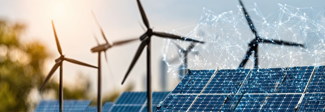 Wind turbines and solar panels in a sustainable energy landscape.  Abstract digital overlay