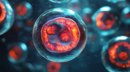 A vibrant 3D illustration of cell division showcasing the stages of mitosis in a photo-realistic educational style.