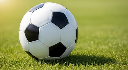 Fototapeta premium Classic Soccer Ball Resting on Vibrant Green Grass Field, Perfect for Sports Training, Game Day Promotion, and Recreational Activity Visuals