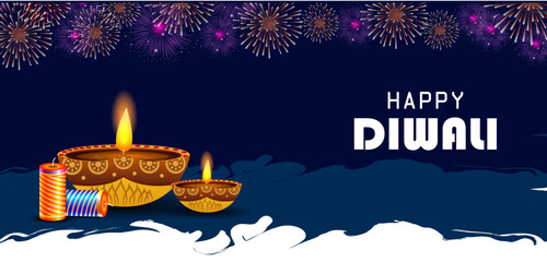 Decorated Diya for Happy Diwali festival holiday celebration of India greeting background