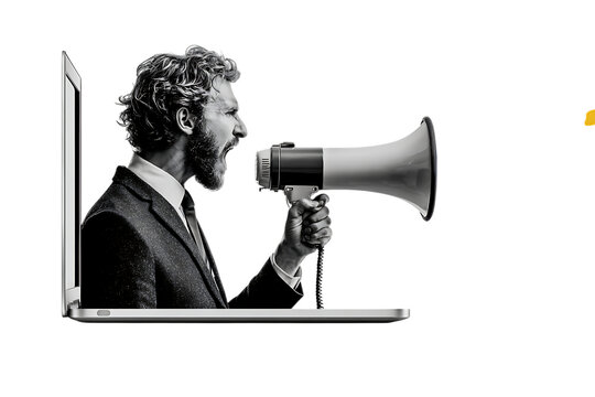 Businessman shouting in megaphone from laptop. Online marketing. - Powered by Adobe