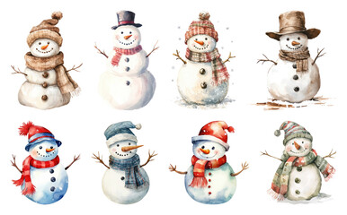 PNG Charming snowmen in winter attire, element set on transparent background