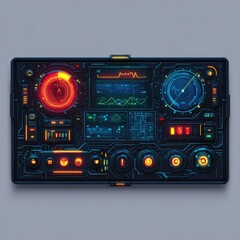 Fototapeta premium Futuristic control panel with glowing displays and various controls