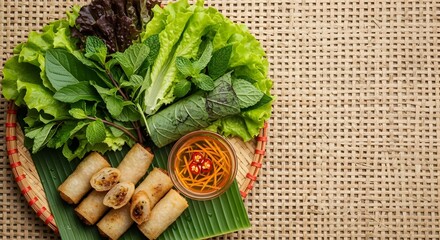 Cha Gio fried spring rolls with herbs and nuoc cham on bamboo platter