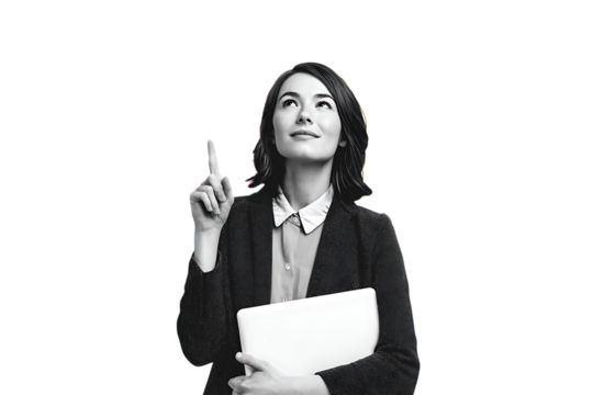 Businesswoman with laptop has an idea, solution, or insight.