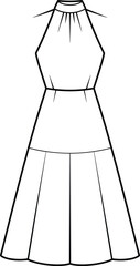 White Halter Neck Dress With Pleated Skirt And Cinched Waist vector illustration