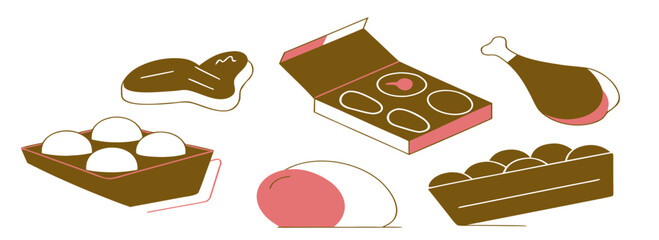 Colorful illustration of assorted food items including meat, eggs, and sweets with a playful design.