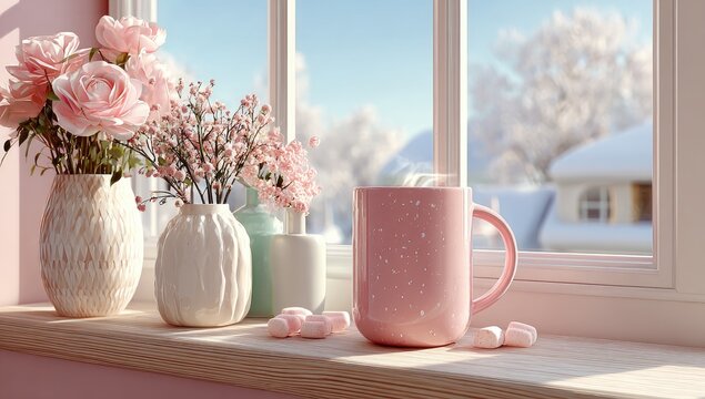 Pink mug and flowers on a windowsill, snowy view