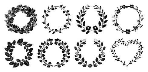 PNG Elegant black floral wreaths silhouettes, element set on transparent background