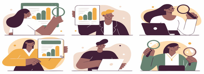Illustration showcasing diverse professionals analyzing data and financial charts in a collaborative workspace.