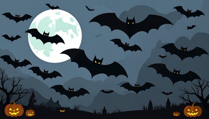 Spooky Halloween night with full moon bats and pumpkins vector illustration