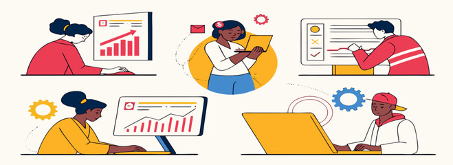 Colorful illustrations depicting individuals engaged in data analysis and project management tasks with graphs and charts.