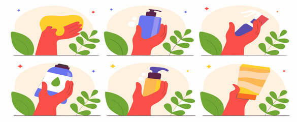 Colorful illustrations of hands holding various cosmetic containers amidst green leaves, showcasing beauty products' variety and nature.