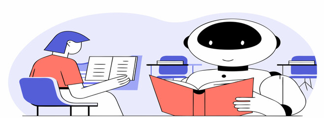 A person reading a book while seated next to a humanoid robot in a classroom setting with pastel colors.