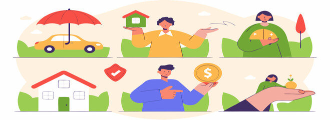 Illustration depicting various financial themes including home investment, insurance, and money management in a colorful, modern style.