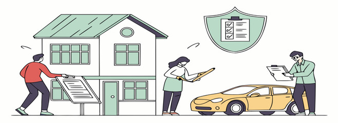 Illustration of a couple inspecting their home and car with tools, emphasizing maintenance and care.