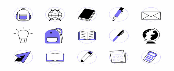 Various simple and minimalistic icons depicting office tools and communication devices against a white background.