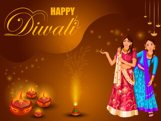 Indian people celebrating  Happy Diwali festival holiday celebration of India greeting background