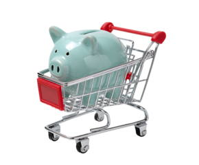 Mint piggy bank in mini shopping cart. Saving, budgeting, spending concept.