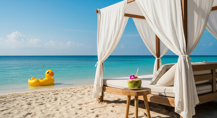 Beach Bed with Coconut Drink and Duck Float**
