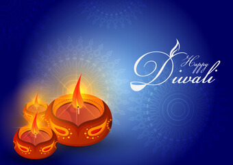 Decorated Diya for Happy Diwali festival holiday celebration of India greeting background