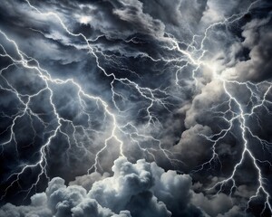 Dramatic dark storm clouds illuminated by intense lightning strikes, creating a powerful natural phenomenon