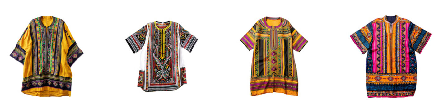Colorful dashiki shirts on display a with vibrant patterns