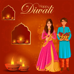 Indian people celebrating  Happy Diwali festival holiday celebration of India greeting background