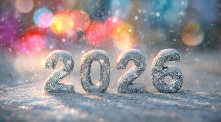 Sparkling 2026 display surrounded by colorful lights and falling snowflakes