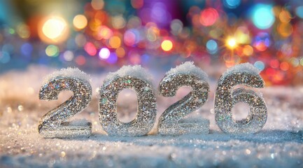 Glittering numbers marking the arrival of the New Year celebrated with vibrant lights and decorations